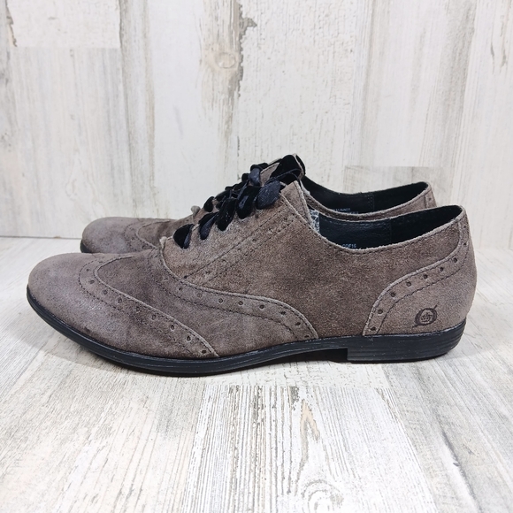 Born Shoes - Børn Taupe Suede Leather Wingtip Oxford Shoes Brogue Detail #627